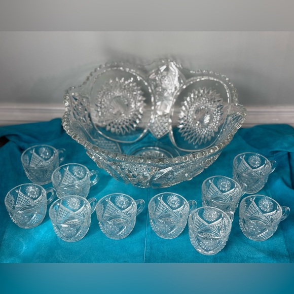 Homestead Clear Punch Bowl & 10 Punch Cups By Duncan & Miller